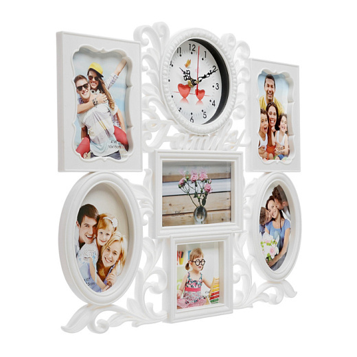 Фоторамка - коллаж на 6 фото с часами настенными Family, бесшумные, 45×37 см, d=11.5 см